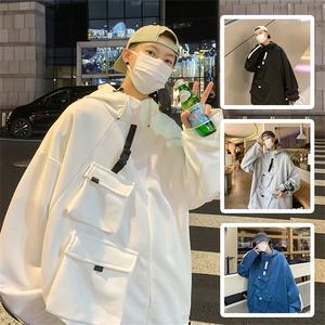WY3097/P55春装现货港风多口袋工装宽松卫衣男连帽套头上衣外套男图片