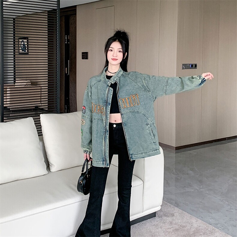 美式复古机车风牛仔外套女2025秋款刺绣重工夹克宽松潮NZ064-88,男装工装外套,星座911-3