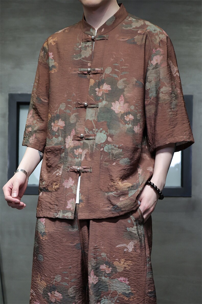 2025夏季新款风男装盘扣新中式唐装书法印花衬衫C110-P50,男装衬衫,电商B277(原6028)