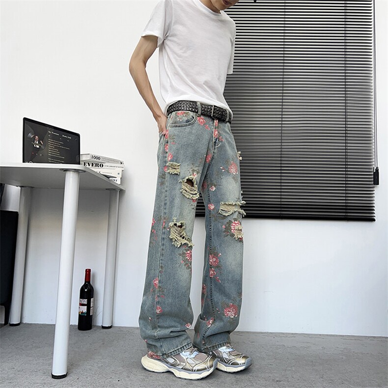 满印玫瑰花朵牛仔裤男款美式复古裤子慵懒风阔腿微喇裤NZ729-P48,男装牛仔裤,星座308B-1