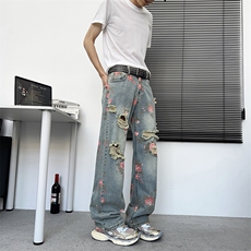 满印玫瑰花朵牛仔裤男款美式复古裤子慵懒风阔腿微喇裤NZ729-P48，男装牛仔裤，星座308B-1