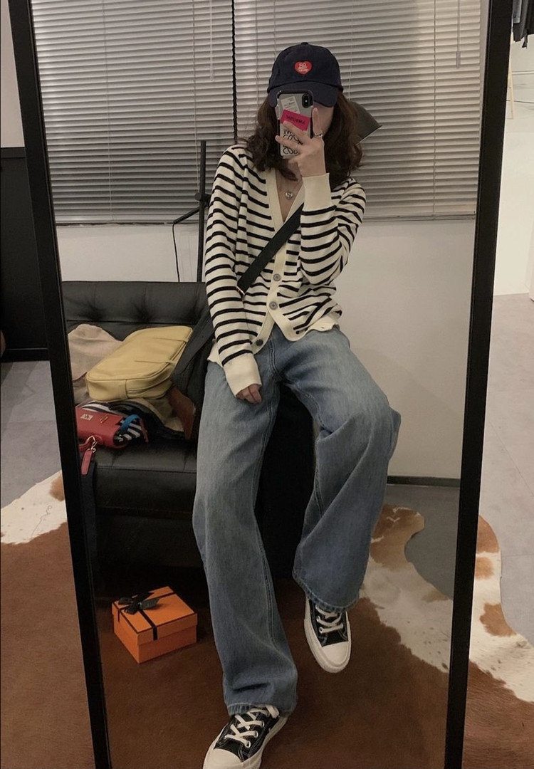 秋冬季新款舒适时尚百搭黑白条纹羊毛开衫,女装羊毛衫,莺澜羊绒