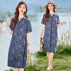 现货2025年夏季文艺复古优雅印花中长款妈妈连衣裙，女装连衣裙，依恋蒂丝