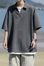 8XL-M假两件V领短袖t恤男夏翻领半袖宽松重磅华夫格大码DT001P40，男装T恤，电商B312