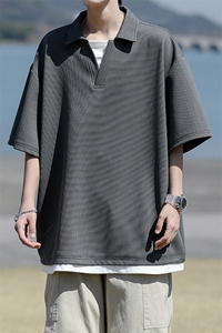 8XL-M假两件V领短袖t恤男夏翻领半袖宽松重磅华夫格大码DT001P40图片
