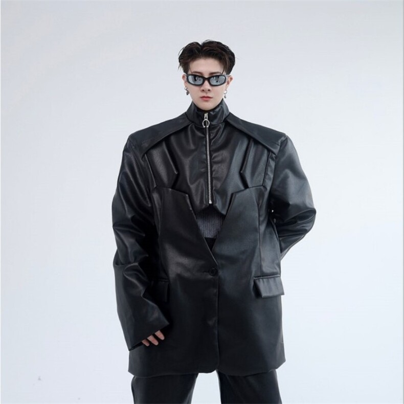 春季设计款立领拼接潮流男皮衣外套个性时髦痞帅皮西服121P155图片