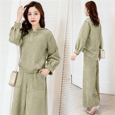 时尚两件套女2023秋装新款气质百搭长袖休闲V领鹿皮绒阔腿裤套装，女装套装/套裙，天丝秀