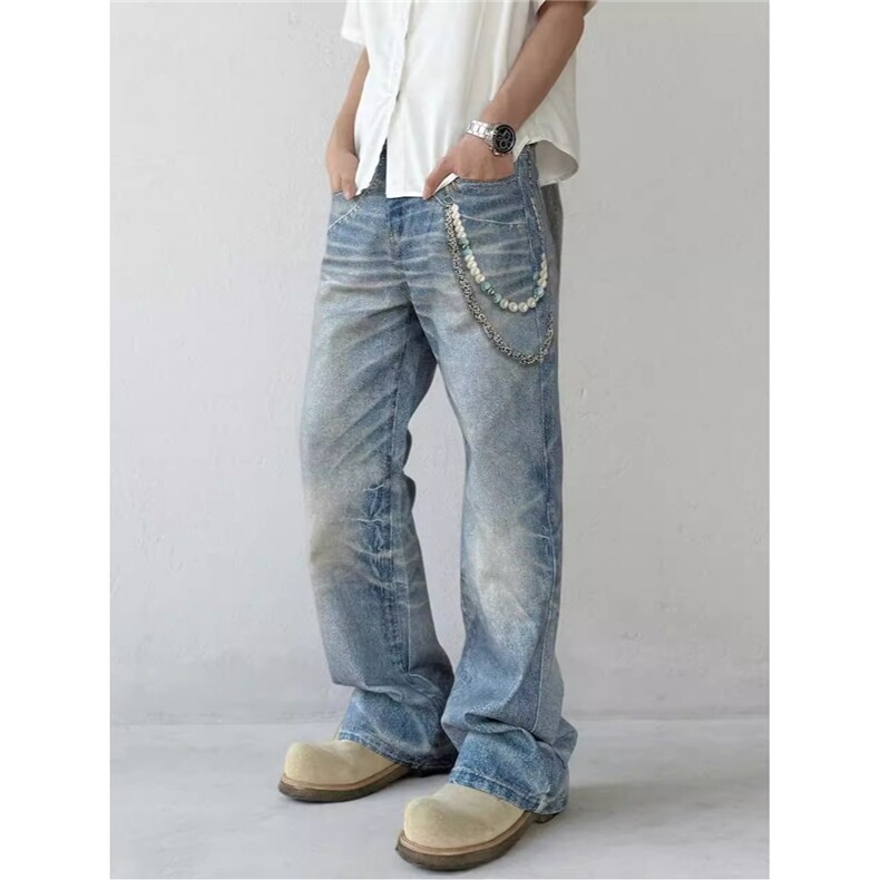 美式复古3D数码印花链条图案牛仔直筒裤男女街头休闲长裤图片