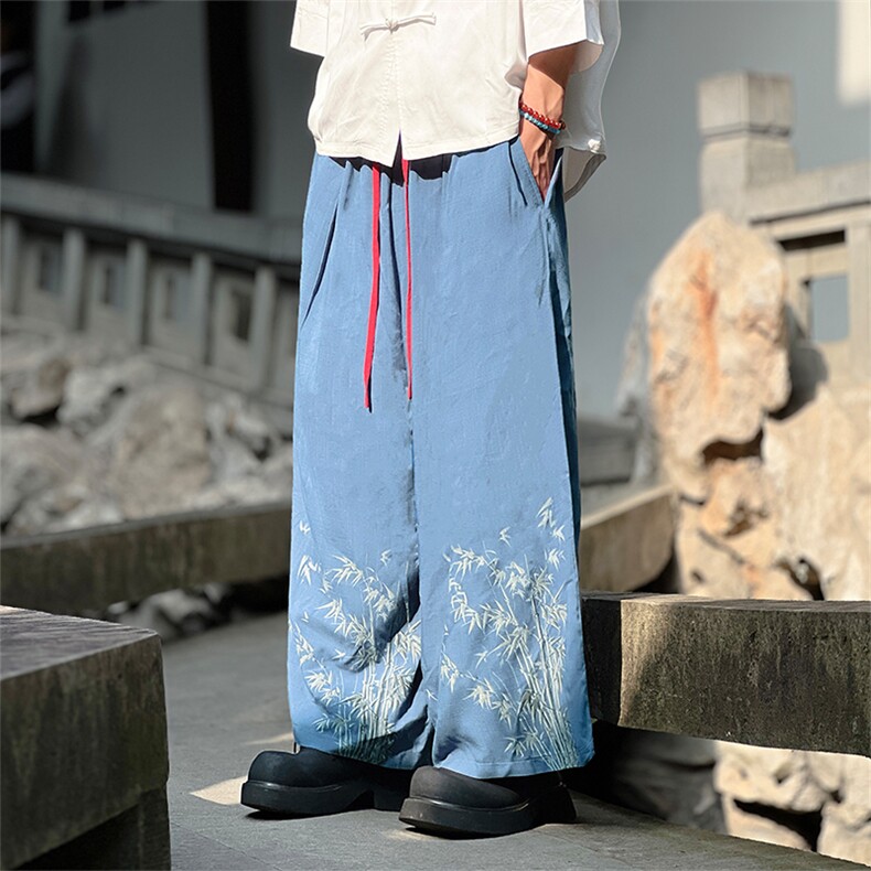 2025夏季新款现货中式风棉麻印花竹叶八分裤阔腿裤K211-P60,男装休闲裤,电商A021