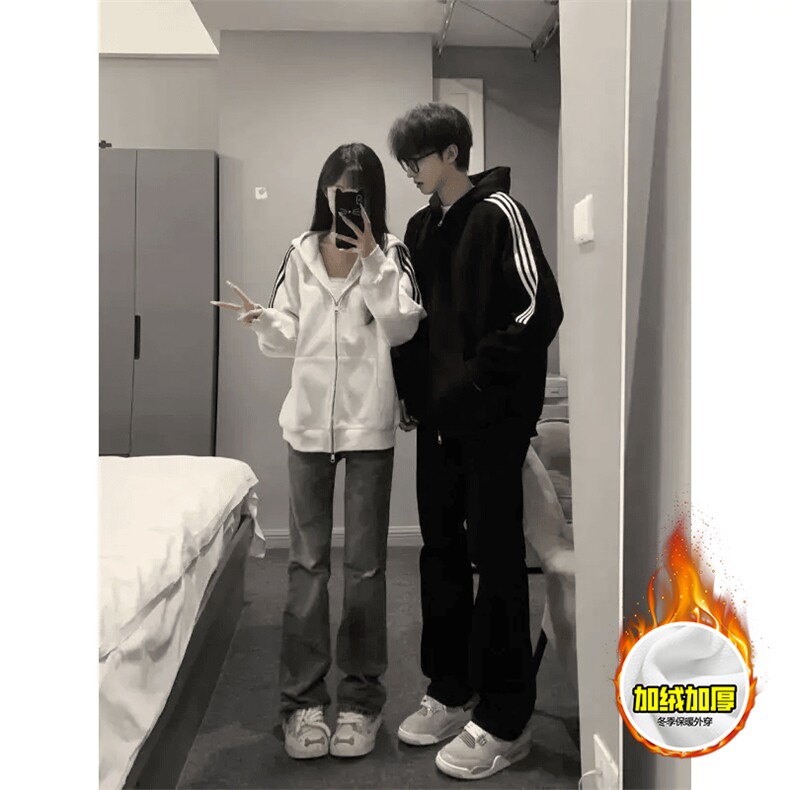 480G重磅加绒硬挺boxy男女秋冬美式高街结构三条杠卫衣开衫厚外套,女装短外套,电商A486