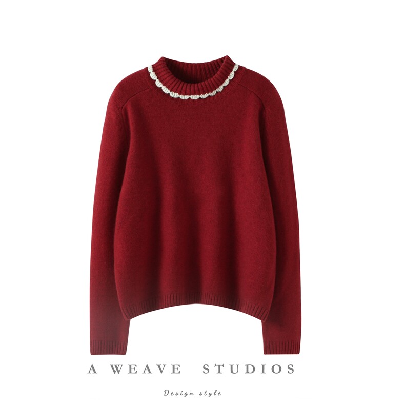 2025舒适百搭简约加厚马鞍肩花边高翻领，女装羊绒衫，朵暖羊绒