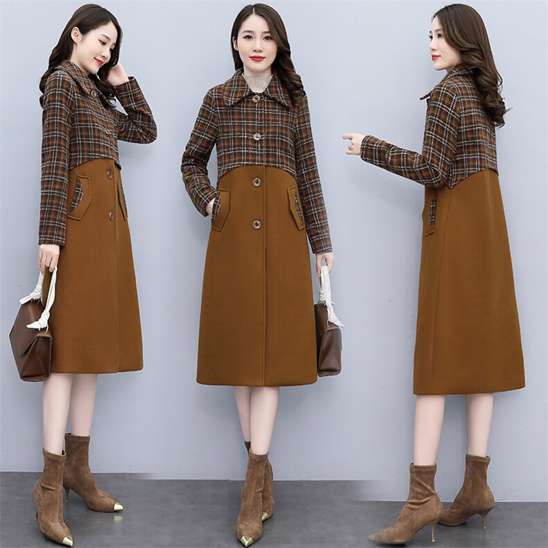 时尚格子拼接毛呢外套女秋冬新款气质显瘦中长款大衣优雅百搭，女装毛呢外套，欣贝拉