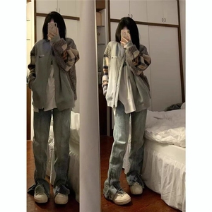 D5113-P50美式水洗牛仔裤男女嘻哈裤脚调节堆积长裤潮-网图现货图片