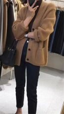 秋季新款舒适显瘦时尚百搭元宝针大口袋针织开衫女，女装羊毛衫，恒恩羊绒