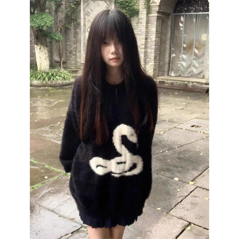 潮牌美式情侣蛇图案毛衣男女秋冬仿貂毛小众慵懒风套头针织外套,男装针织衫/毛衣,星座506A