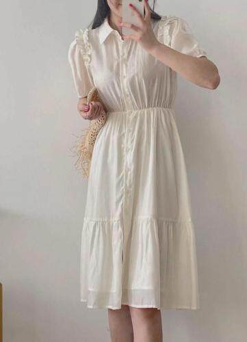 现货天丝荷叶边收腰连衣裙，女装连衣裙，汐美