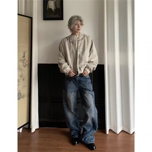 浅灰色美式拼接刺绣夹克衫男款秋冬季小众高级感男生宽松外套潮图片
