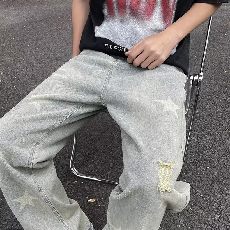 牛仔裤男士宽松直筒破洞韩版百搭青春潮流小众阔腿裤子N7202-P43,男装牛仔裤,星座1008
