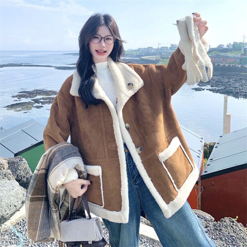 双面穿立领羊羔绒外套女美拉德皮毛一体短款麂皮绒外套，女装羊羔毛/颗粒绒，诺蝶