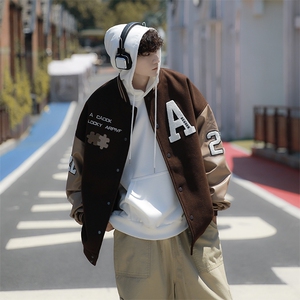 潮咖啡色拼图皮刺绣休闲夹克外套美式春秋棒球服男 W3781-P55图片