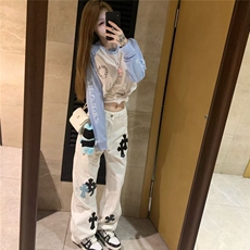 重工十字架刺绣高腰直筒牛仔裤女2025新款设计感宽松拖地阔腿长裤，男装牛仔裤，星座506A