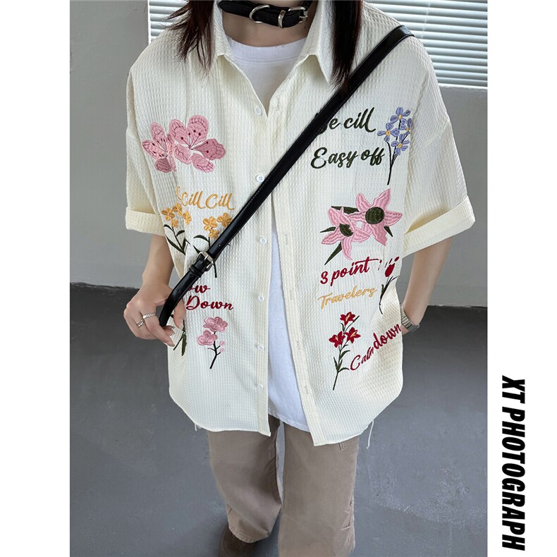 主推美式复古华夫格彩色花卉刺绣短袖衬衫情侣上衣男女H939P68,男装衬衫,电商A341