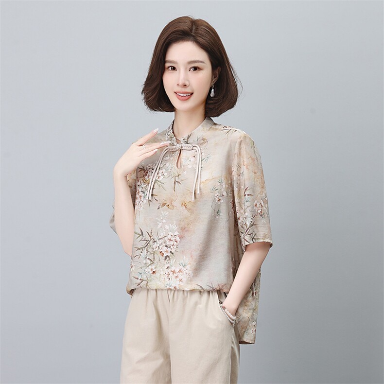 2024年夏季复古花色文艺盘口时尚休闲小衫,女装蕾丝衫/雪纺衫,依恋蒂丝