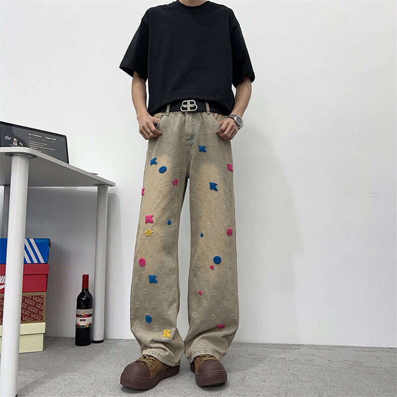 潮牌美式做旧水洗牛仔裤男复古宽松阔腿百搭春夏拖地裤NK074-P50,男装牛仔裤,星座308B-1