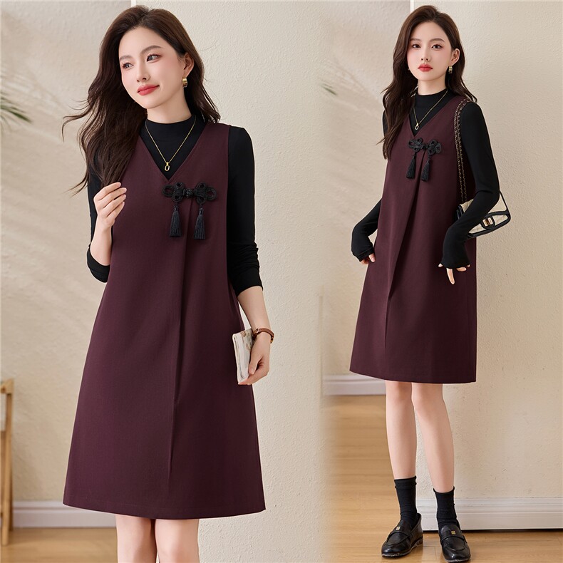 主推现货2026年气质优雅复古新中式背心裙+针织打底衫两件套，女装套装/套裙，姿衣坊