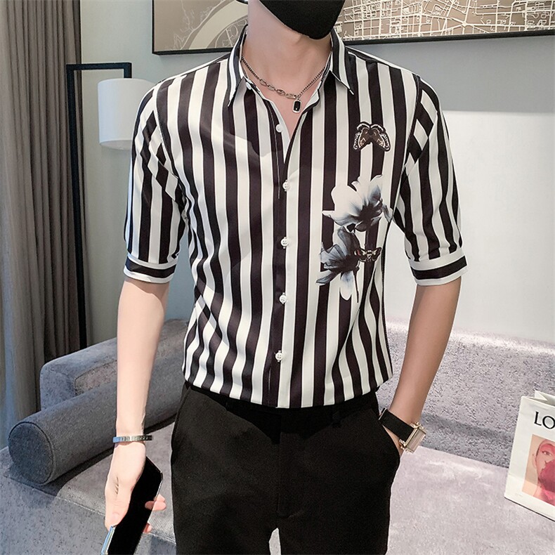黑 痞帅男夏装中袖新款衬衫休闲印花寸衣男301A-1/CS362/P55图片