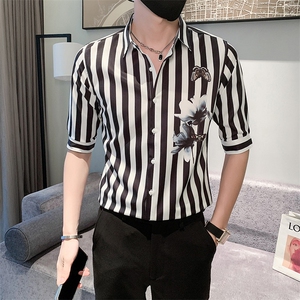 黑 痞帅男夏装中袖新款衬衫休闲印花寸衣男301A-1/CS362/P55图片