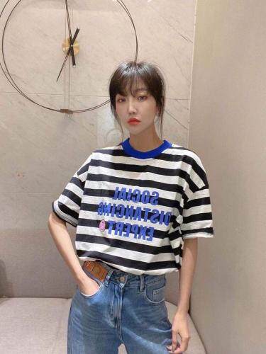 2021夏季新款全棉条纹韩版贴标短袖,女装,程稀
