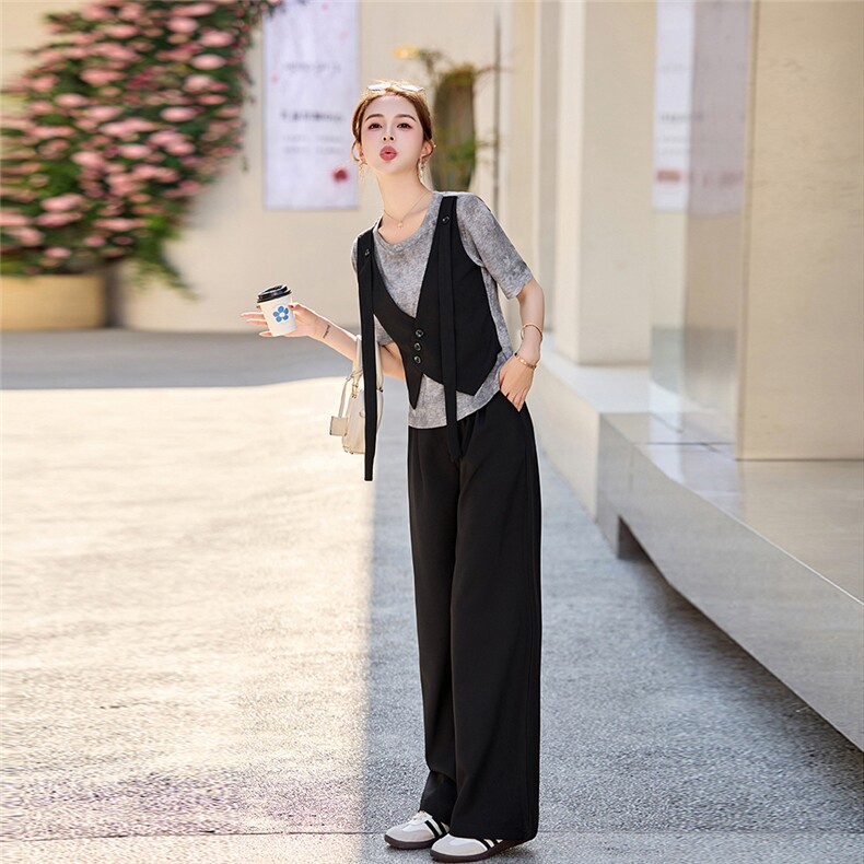 2025夏季新款气质通勤马甲套装女短袖显瘦阔腿裤两件套,女装套装/套裙,秀美人生