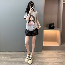 学院风网红运动套装女夏新款圆领卡通印花短袖阔腿牛仔短裤两件套，女装套装/套裙，2C310