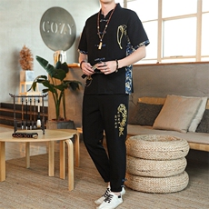 夏季套装风男刺绣棉麻复古宽松大码汉服，男装休闲套装，星座1206（原A206）