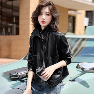 现货新款海宁皮衣女短款高级仿绵羊皮长袖时尚翻领夹克外套春秋图片