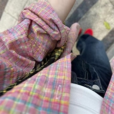 美式复古粉色格纹少女感衬衫外套女春秋休闲韩系chic港味上衣外套，男装衬衫，星座1210-1