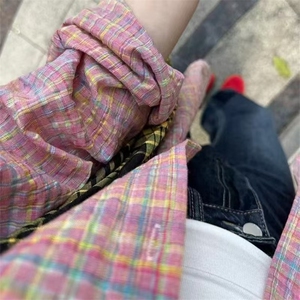 美式复古粉色格纹少女感衬衫外套女春秋休闲韩系chic港味上衣外套图片