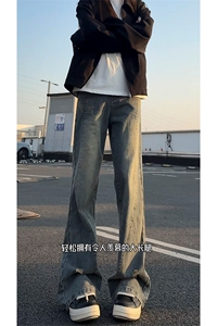 春季新款复古微喇牛仔裤破洞水洗显高拖地长裤 C6058-TP3568图片