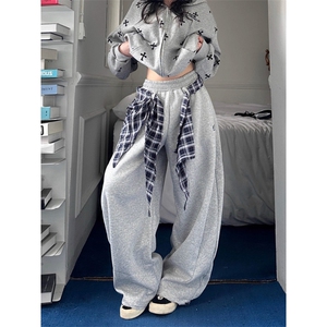 咖喱人美式格子屁帘叠穿弯刀卫裤女宽松嘻哈街舞阔腿运动休闲裤子