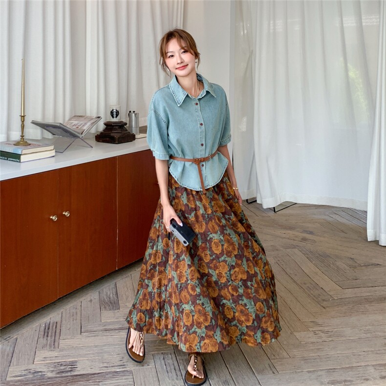 夏季套装女2025新款法式简约牛仔短袖衬衫上衣碎花半身裙子两件套,女装套装/套裙,2C239