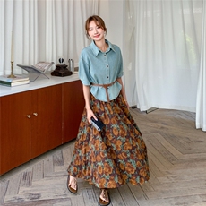 夏季套装女2025新款法式简约牛仔短袖衬衫上衣碎花半身裙子两件套，女装套装/套裙，2C239