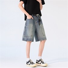 新款美式工装牛仔裤夏季宽松中裤水洗休闲中裤XZ201-K509P45，男装牛仔裤，星座201