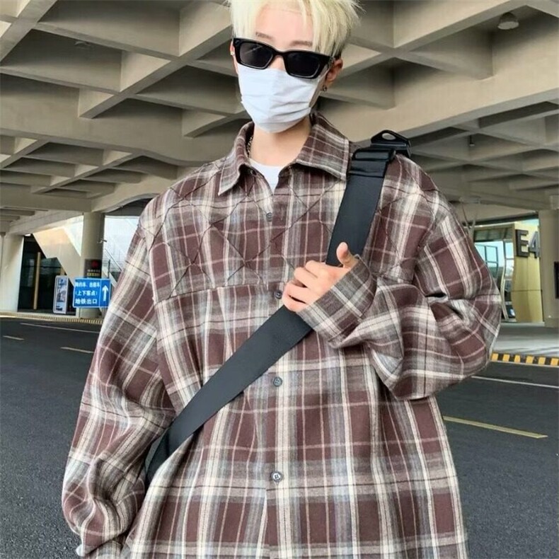 CS334格子衬衫男士休闲宽松长袖上衣青少年美式潮流复古宽松外套,男装衬衫,星座308A-1（原309B-1）