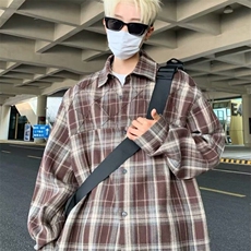 CS334格子衬衫男士休闲宽松长袖上衣青少年美式潮流复古宽松外套，男装衬衫，星座308A-1（原309B-1）