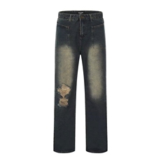 复古水洗破洞牛仔裤男女夏季新款美式vibe高街嘻哈直筒宽松拖地裤，女装牛仔裤，星座506A