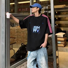 抖音得物品质二开240克宽松纯棉美式潮牌印花三条杠中性风短袖T恤，男装T恤，电商A486