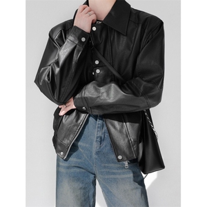 痞帅Pu皮衣小众双拉链垫肩皮夹克男机车服秋冬外套 JW631图片