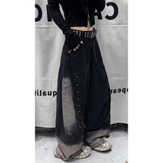 美式高街黑色解构工装牛仔裤女多口袋工装阔腿拖地裤B396-P72，男装牛仔裤，星座1001-1
