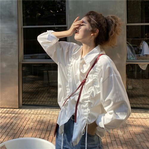 价！韩版早秋新款简约宽松抽绳系带百搭长袖衬衫上衣,女装衬衫,潮品会